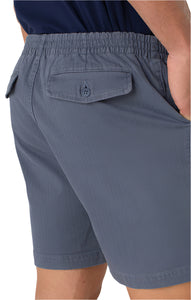 Model Wearing drawstring shorts in vintage indigo color, close up detail view