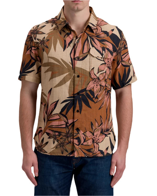 Model wearing Ace Rivington Double Gauze Cotton shirt in Camo, front  view