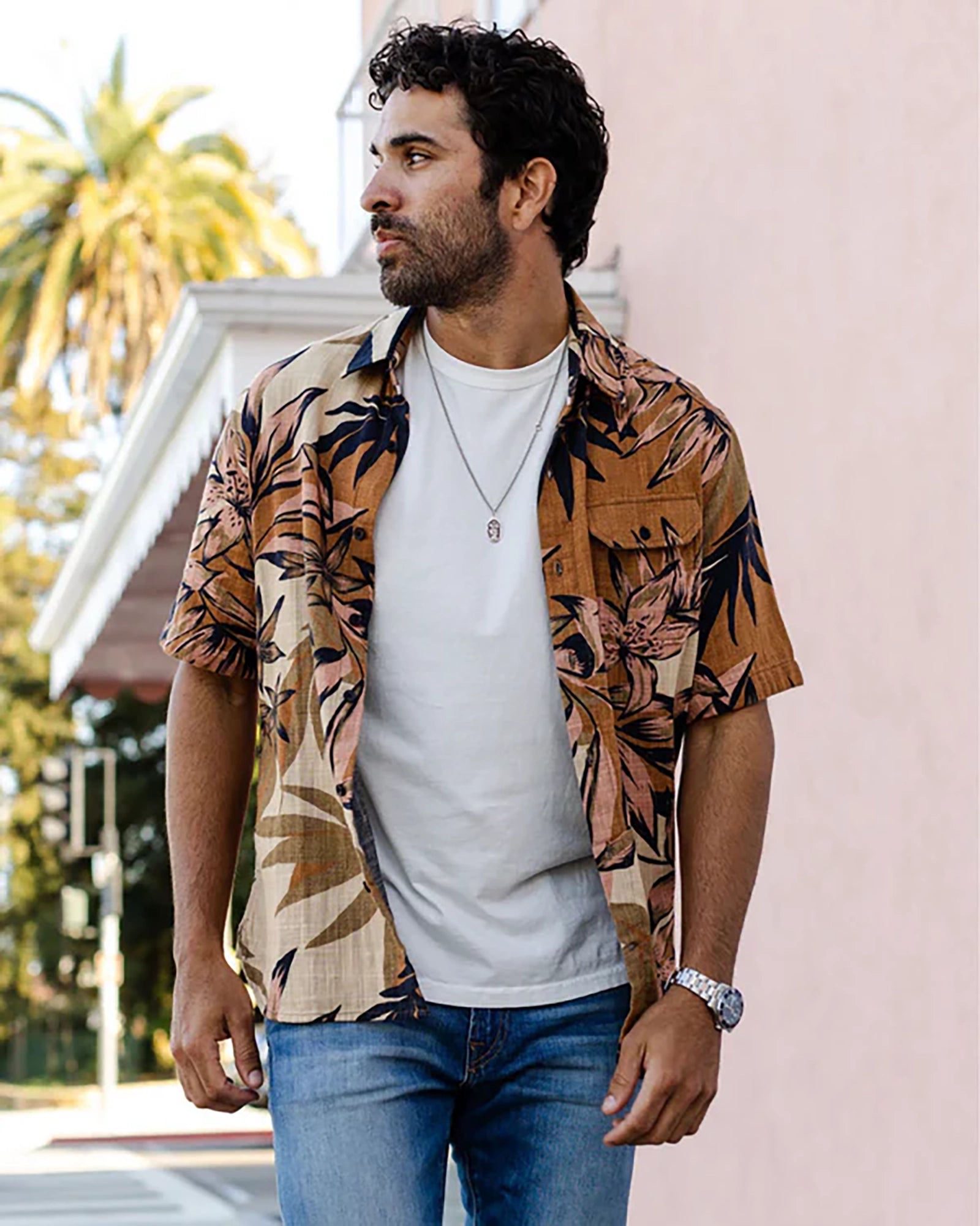 Model wearing Ace Rivington Double Gauze Cotton shirt in Camo, front view view