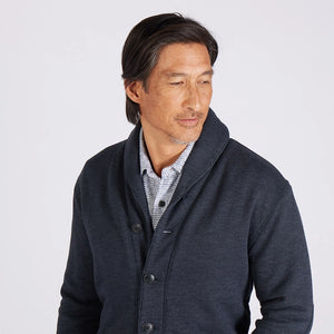 Model Wearing Grayers Dunlop waffle lined shawl Cardigan in blue graphite, front view