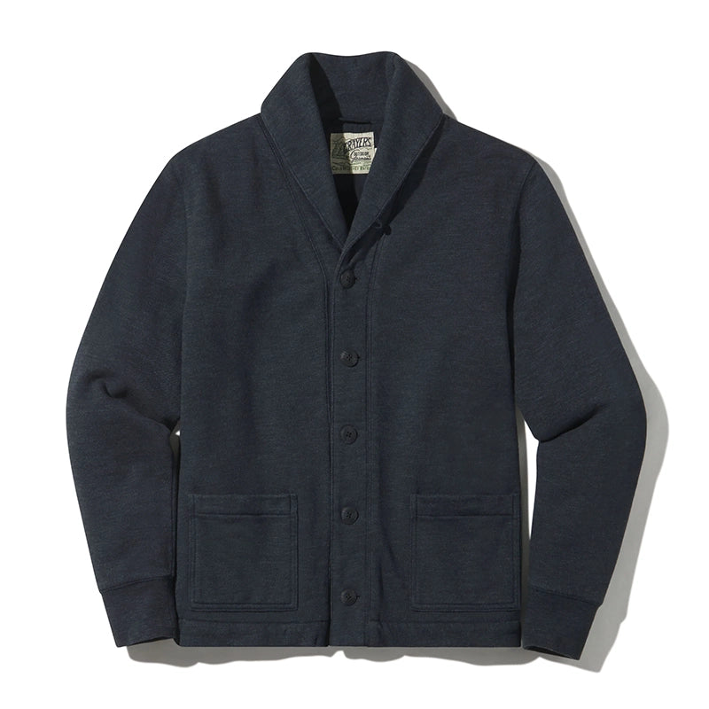 Grayers Dunlop waffle lined shawl Cardigan in blue graphite, flat lay view