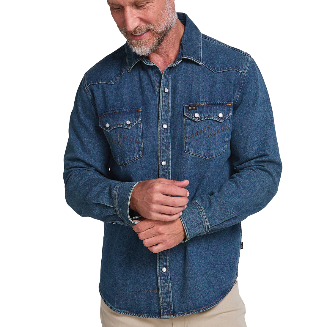 Man wearing the Bolan Classic Wash Dust Up Denim Snapshirt untucked with khakis, on model front view, The Simple Man