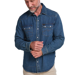 Man wearing the Bolan Classic Wash Dust Up Denim Snapshirt untucked with khakis, on model front view, The Simple Man
