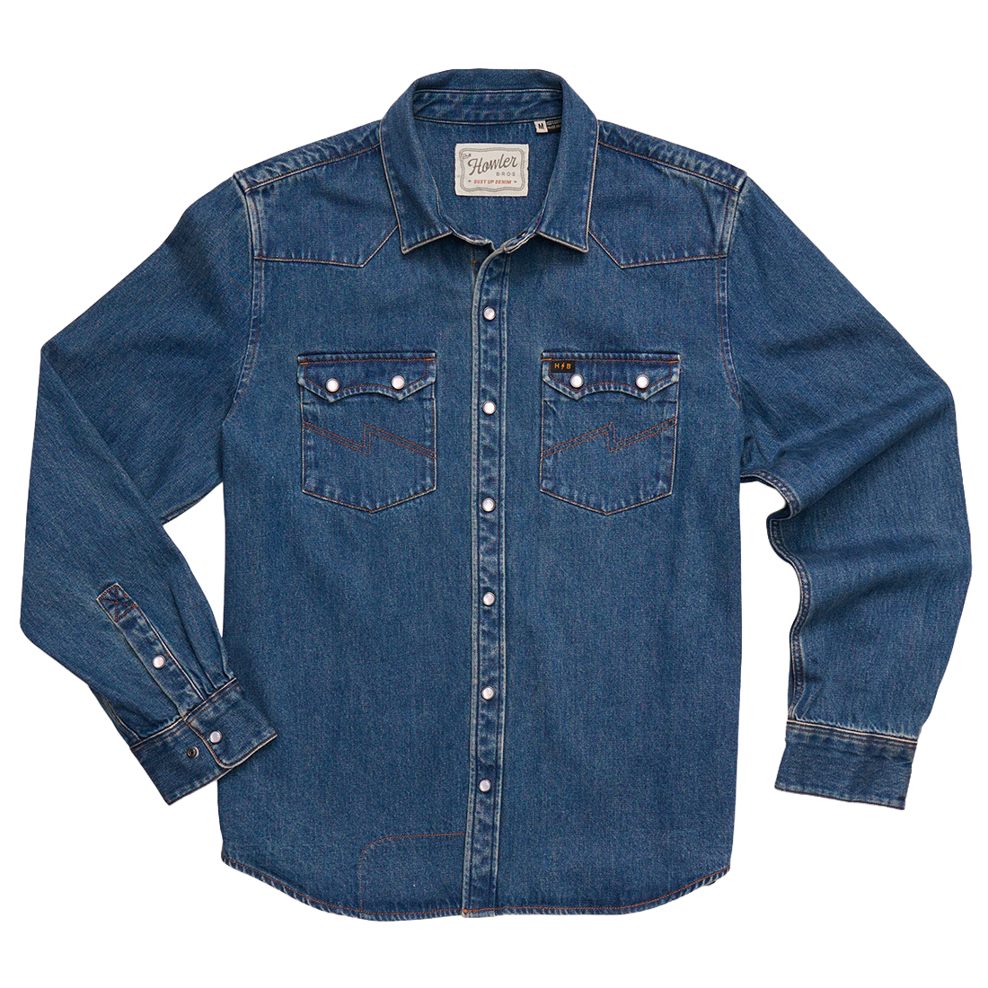 Bolan Classic Wash Dust Up Denim Snapshirt with pearl snaps and western yokes, flat lay front view, The Simple Man