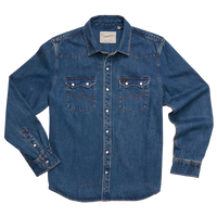 Bolan Classic Wash Dust Up Denim Snapshirt with pearl snaps and western yokes, flat lay front view, The Simple Man