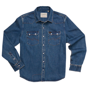 Bolan Classic Wash Dust Up Denim Snapshirt with pearl snaps and western yokes, flat lay front view, The Simple Man