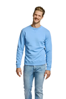 Model wearing Easy Mondays Crewneck sweatshirt in Azure color, front view