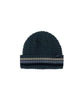 Eliot Beanie in Slate with striped cuff and Jetty woven label — men’s knit beanie from The Simple Man
