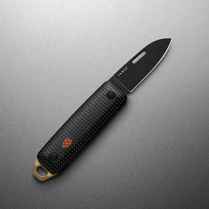 The James Brand Elko Black and Fire open angle view — black blade black handle orange logo bronze end cap EDC knife, front side of knife
