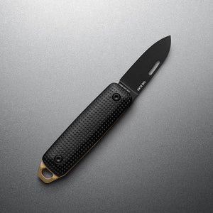 The James Brand Elko EDC knife open Black and Fire — black aluminum handle bronze pry bar keychain pocket knife overhead, back of knife