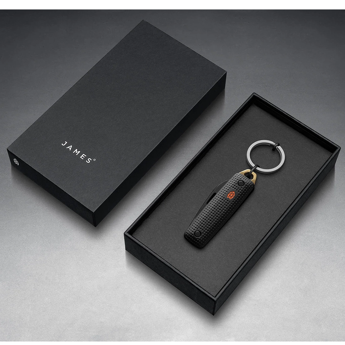 The James Brand Elko Black and Fire EDC knife in gift box with titanium key ring — keychain pocket knife ready to gift