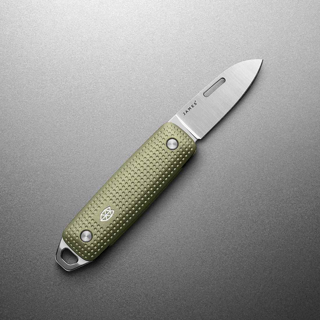 The James Brand Elko EDC knife open Grove and Stainless — 6061 aluminum handle Sandvik 12C27 blade overhead view