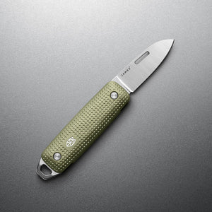 The James Brand Elko EDC knife open Grove and Stainless — 6061 aluminum handle Sandvik 12C27 blade overhead view