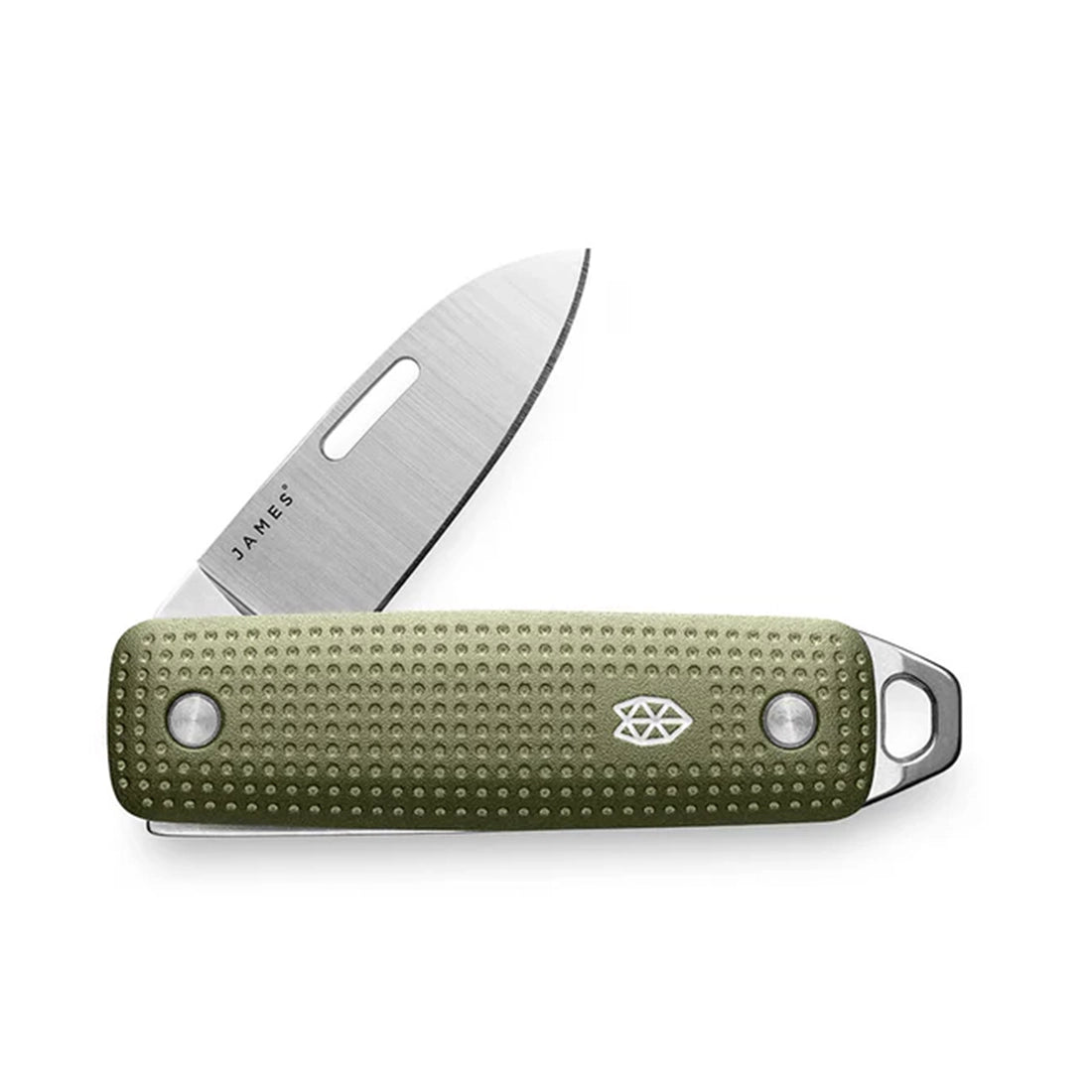 The James Brand Elko slip joint pocket knife open white background — Grove aluminum handle stainless blade 1.6 inch blade length