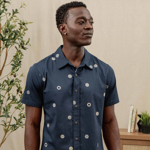 Bridge and Burn Emerson Slim Shirt Lunar Polka navy three-quarter front view on model — slim tailored fit organic cotton men's short sleeve shirt