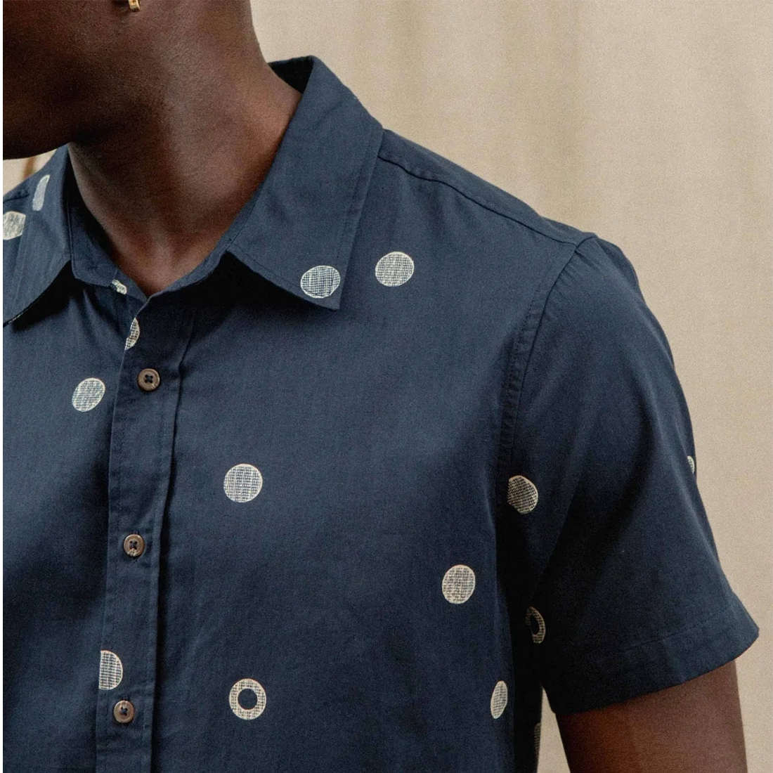 Bridge and Burn Emerson Slim Shirt Lunar Polka navy close-up — woven cream circle motifs spread collar and coconut buttons detail