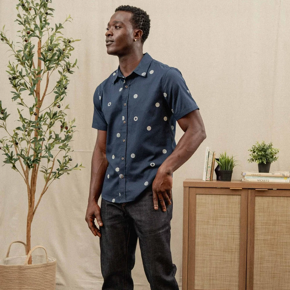 Man wearing Bridge and Burn Emerson Slim Shirt Lunar Polka navy with dark jeans and sandals — full front view slim fit men's button-down shirt