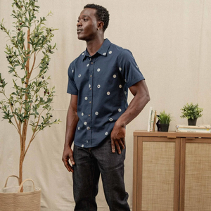 Man wearing Bridge and Burn Emerson Slim Shirt Lunar Polka navy with dark jeans and sandals — full front view slim fit men's button-down shirt