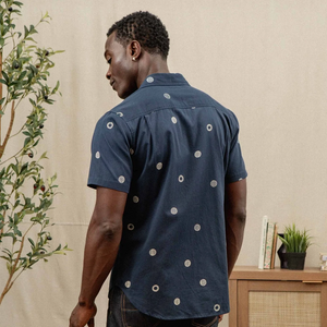 Bridge and Burn Emerson Slim Shirt Lunar Polka navy back view on model — slim fit organic cotton short sleeve shirt with woven circle print