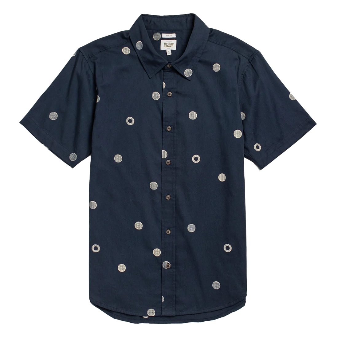Bridge and Burn Emerson Slim Shirt Lunar Polka navy flat lay white background — 100% organic cotton slim fit woven polka dot men's shirt