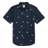 Bridge and Burn Emerson Slim Shirt Lunar Polka navy flat lay white background — 100% organic cotton slim fit woven polka dot men's shirt