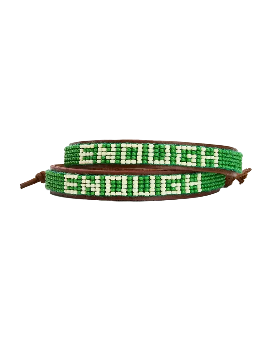 We Are Enough ENOUGH Beaded Leather Bracelet set of 2 showing both bracelets with adjustable sliding knot