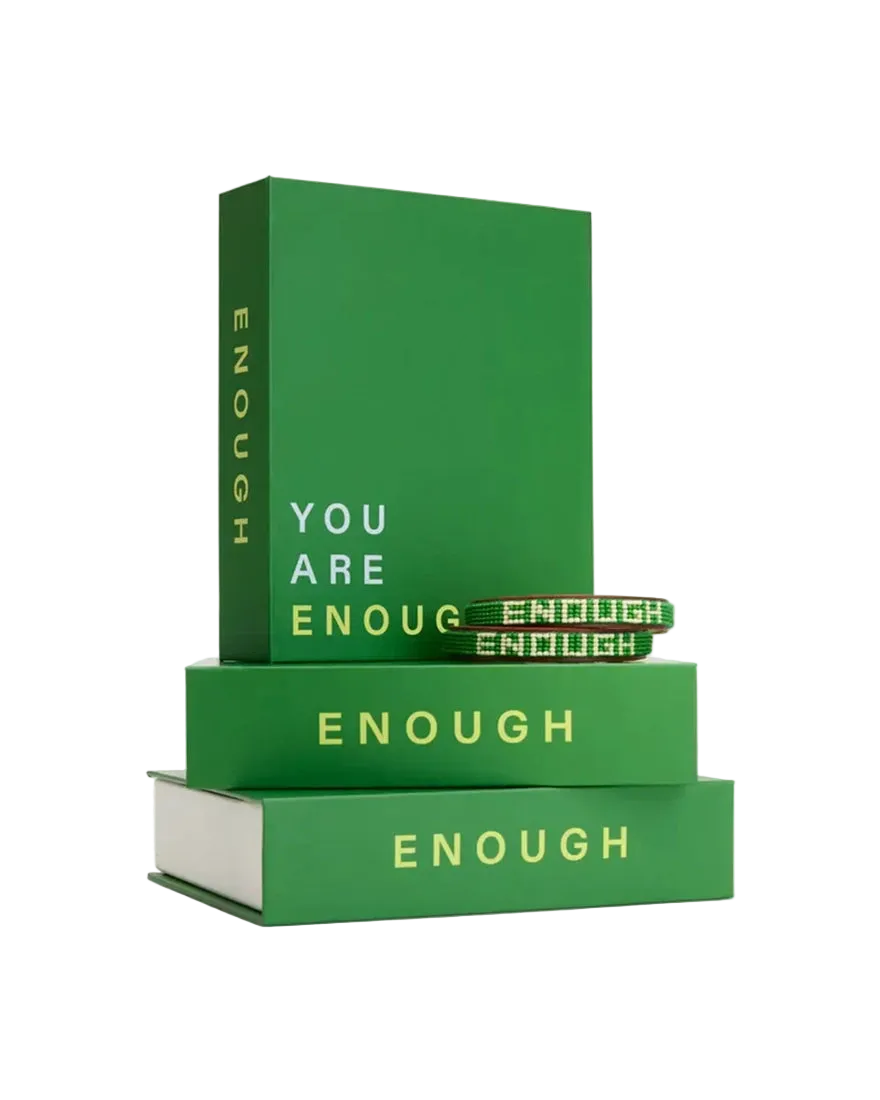 We Are Enough ENOUGH Beaded Leather Bracelet set of 2 keepsake gift box open with poem card by IN-Q