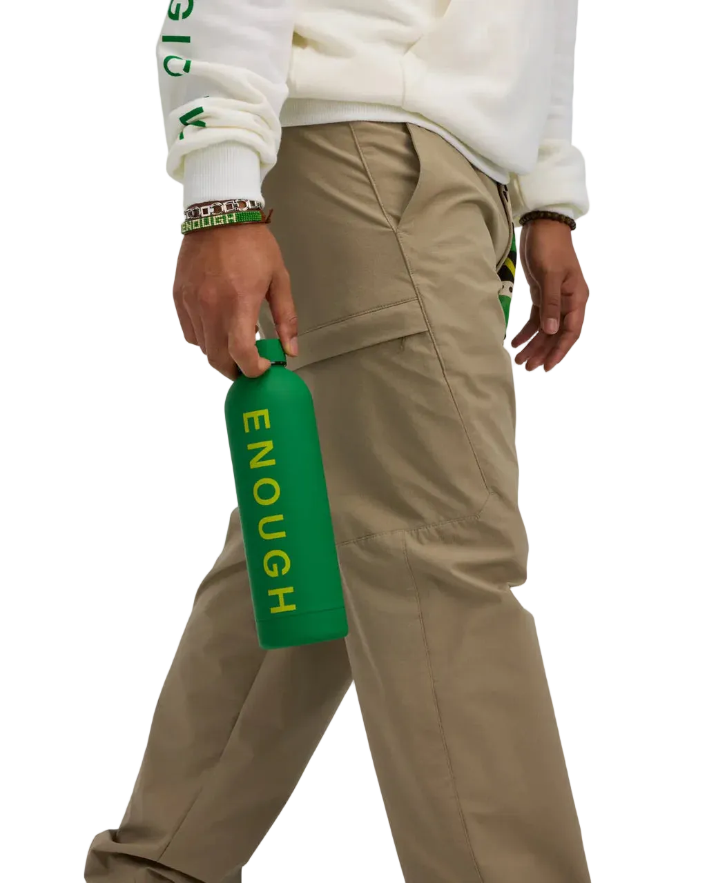We Are Enough ENOUGH Insulated Water Bottle in Mental Health Green front view showing ENOUGH branding