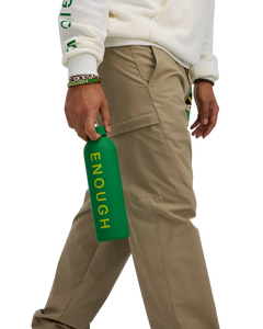 We Are Enough ENOUGH Insulated Water Bottle in Mental Health Green front view showing ENOUGH branding