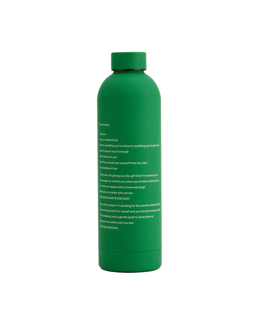 We Are Enough ENOUGH Insulated Water Bottle Mental Health Green lifestyle shot showing 24 oz matte finish