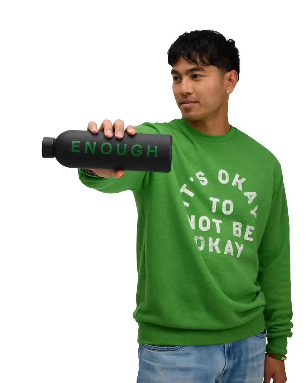 We Are Enough ENOUGH Insulated Water Bottle in Real Black front view showing ENOUGH branding