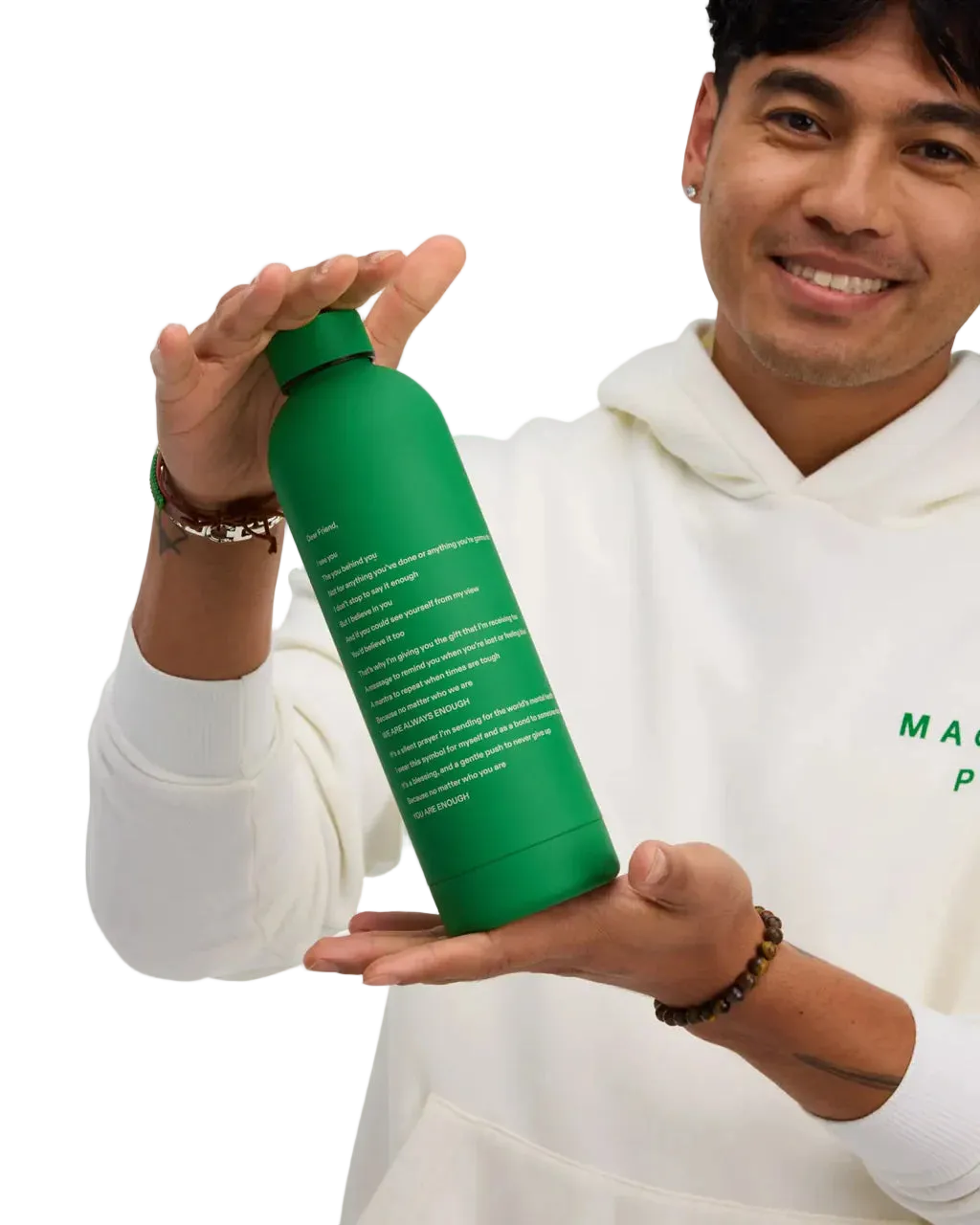 We Are Enough ENOUGH Insulated Water Bottle Mental Health Green detail showing sweat-proof matte finish
