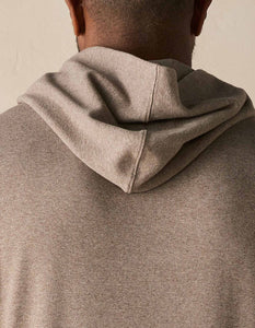 Back view close-up of Puremeso Essential Hoodie in taupe showing hood seam and fabric texture – men's hoodie by The Normal Brand at The Simple Man.