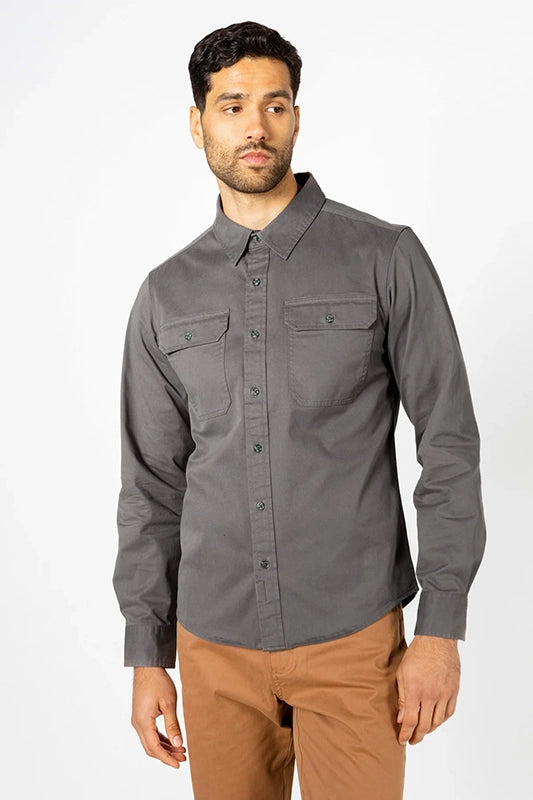 model wearing Bridge & Burn Eugene Shirt in Grey, Front view