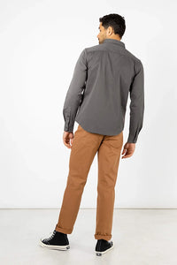 Model Wearing Bridge & Burn Eugene Shirt in Grey, rear view