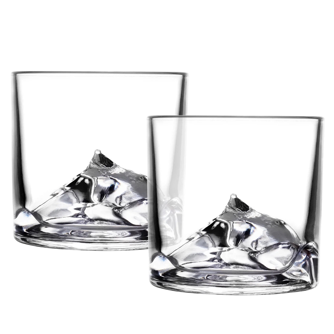 Two empty LIITON Everest Crystal Whiskey Glasses showing the detailed Mount Everest base design – premium drinkware from The Simple Man.
