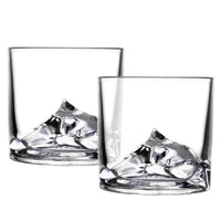 Two empty LIITON Everest Crystal Whiskey Glasses showing the detailed Mount Everest base design – premium drinkware from The Simple Man.