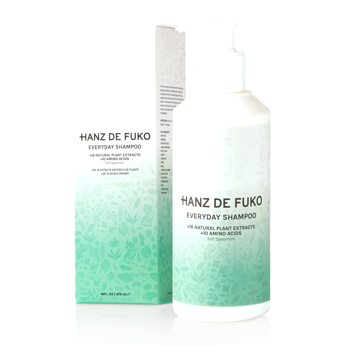 Everyday Shampoo 16 oz pump bottle and box with green botanical design, front view
