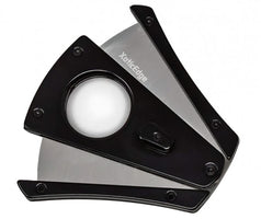 wing bladed guillotine style cigar cutter in black, open position