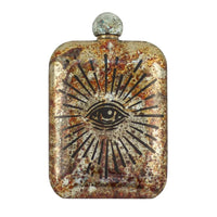 Eye of Providence whiskey flask by The Sneerwell with aged patina finish, featuring etched all-seeing eye design – available at The Simple Man, Omaha