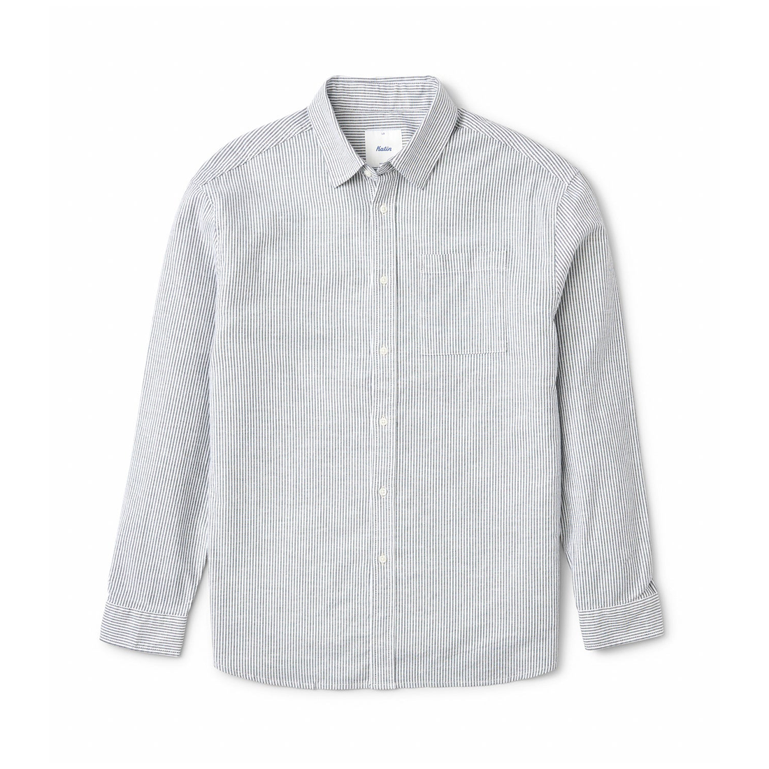 Ezra Long Sleeve Shirt, flat lay front view of a fine oxford stripe shirt with a left chest pocket