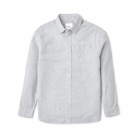 Ezra Long Sleeve Shirt, flat lay front view of a fine oxford stripe shirt with a left chest pocket