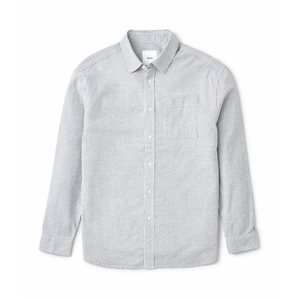 Ezra Long Sleeve Shirt, flat lay front view of a fine oxford stripe shirt with a left chest pocket