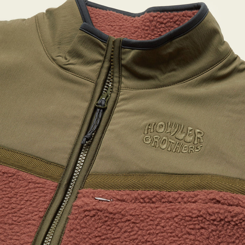 Howler Brothers Crozet Fleece vest in cherrywood / Olive, close up fabric view