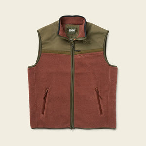 Howler Brothers Crozet Fleece vest in cherrywood / Olive, flat lay view