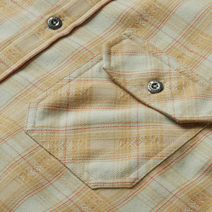 Harkers Flannel in barret Plaid, faded sun color, close up fabric view