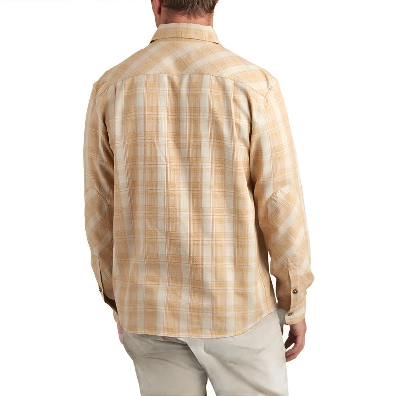 Model wearing Harkers Flannel in barret Plaid, faded sun color, rear view