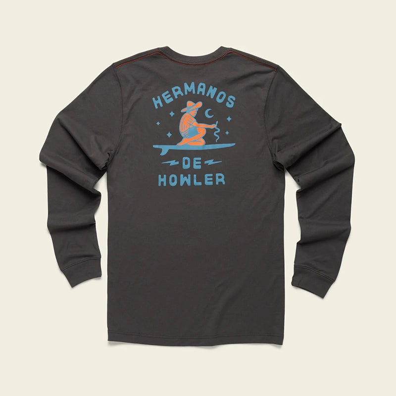 Howler Bros. long sleeve t-shirt with ocean offerings graphic in antique black, Flat lay view