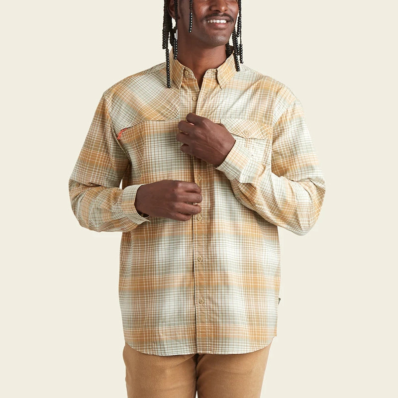 Model Wearing Howler Brothers Matagorda long sleeve shirt in terra plaid front view