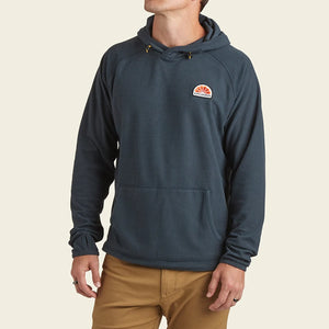Model Wearing Howler Brothers Palo Duro Grid Fleece in naval Blue, Front View
